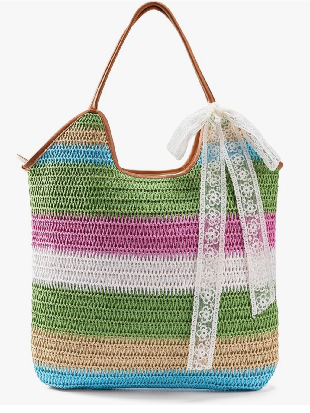 Striped Crochet Tote Bag With Lace Bow - Green & Pink